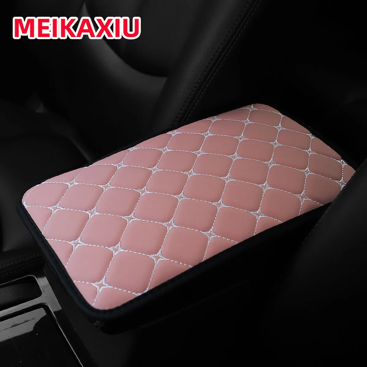 A PU Leather Embroidered Stereo Lattice Car Armrest Cushion New Center Control Cushion Decorative Female Automotive Supplies