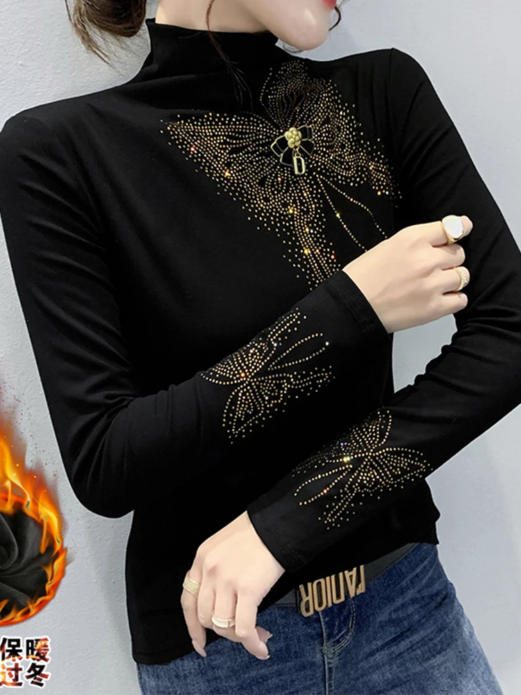 MadBlack European Clothes Tshirt Women Sexy Mock Neck Thicken Fleece Drilling Slim Tops Long Sleeve Elastic Tee Winter T3N205JD