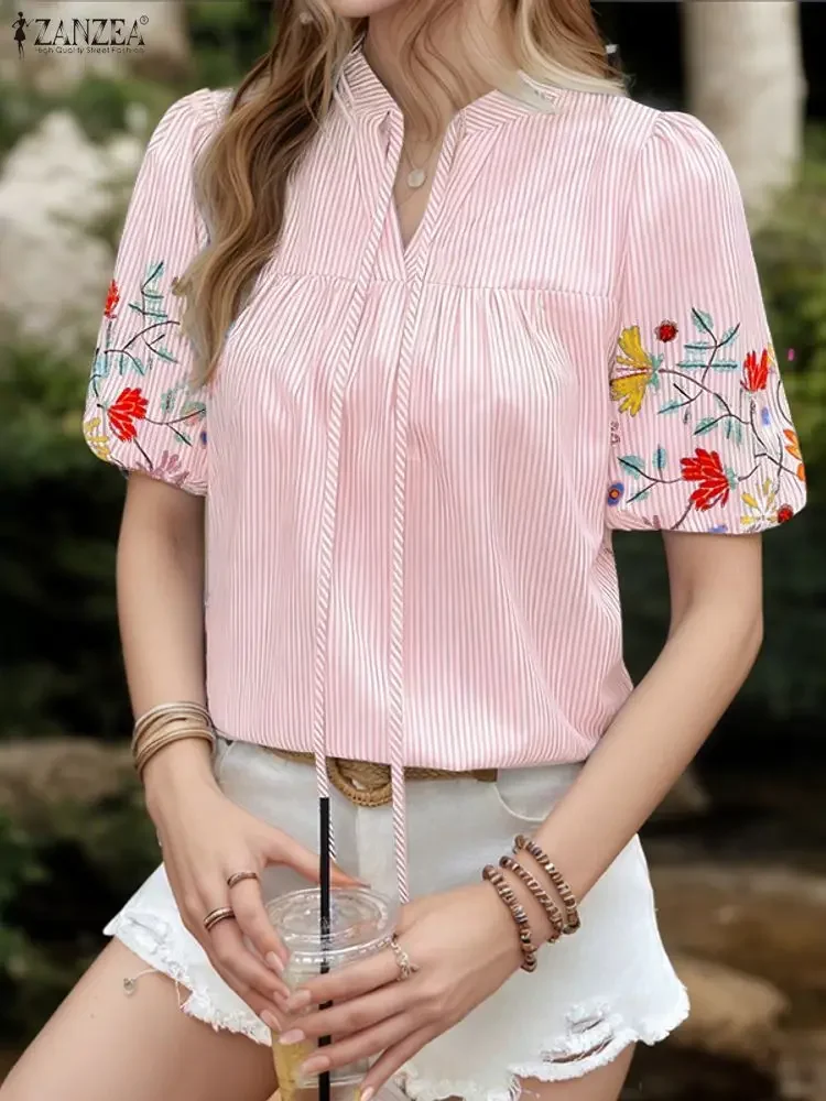 

ZANZEA Lace-Up Tops Women Striped Blouse Fashion V Neck 2025 Elegant Short Sleeve Tunic Oversized Casual Loose Pullovers