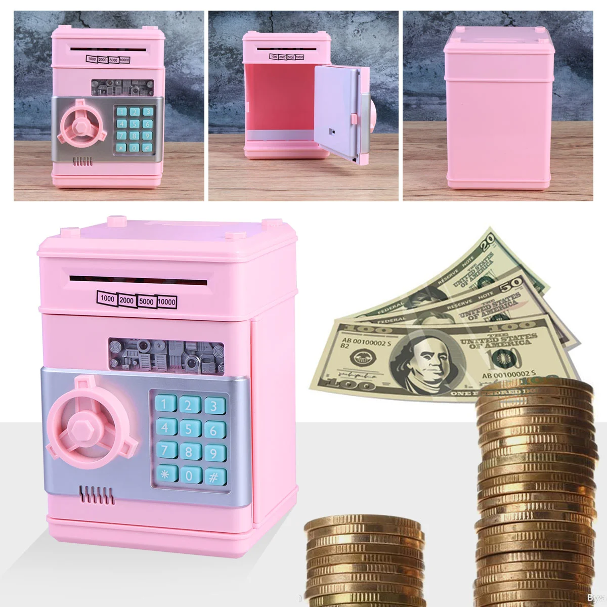 Children's Money Saving Bank Deposit Box Intelligent Voice Mini Safe and for Kids with Pass Code (Pink, Button Random Color)