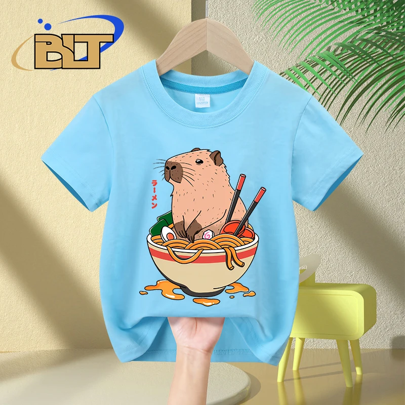 Cute Capybara Ramen cartoon print kids T-shirt summer children's cotton short-sleeved casual tops for boys and girls