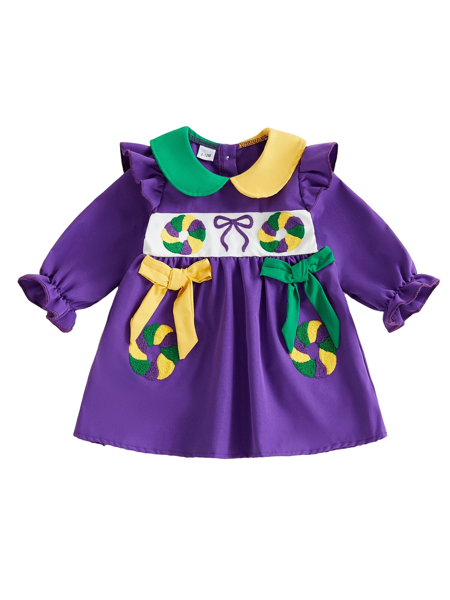 

Toddler Girls Carnival Dress Puff Long Sleeve Doll Collar Letters Embroidery Bow Decror A Line Contrast Color Dress