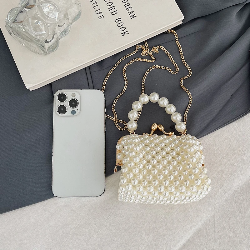 Luxuriöse Designer-Damentasche, handgefertigte Perlen-Tasche, neue Ketten-Schulter-Crossbody-Tasche, Mini-Lippenstift-Etui, Vintage-Perlen-Abendtasche – Detail 13