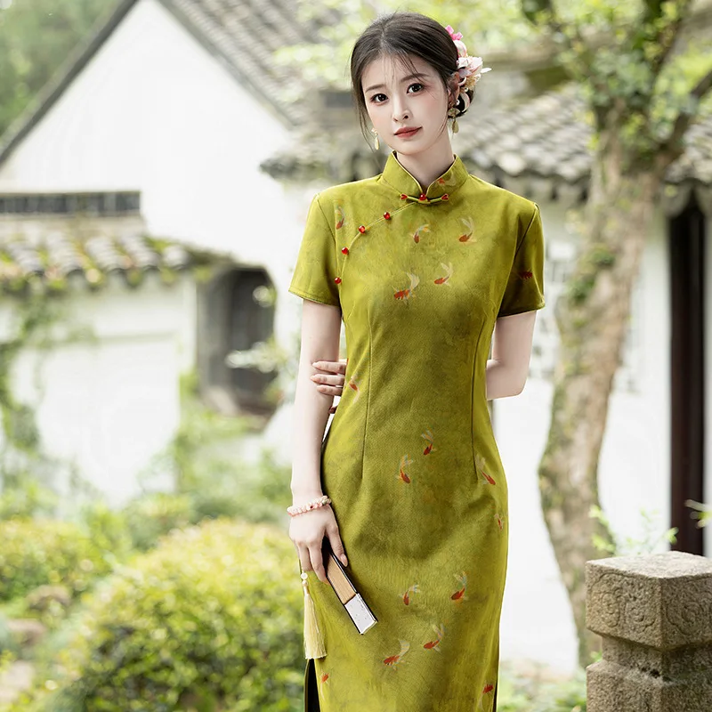 Yourqipao 2026 Spring and Summer New Improved Green Cheongsam Long Qipao Women Summer Skirt
