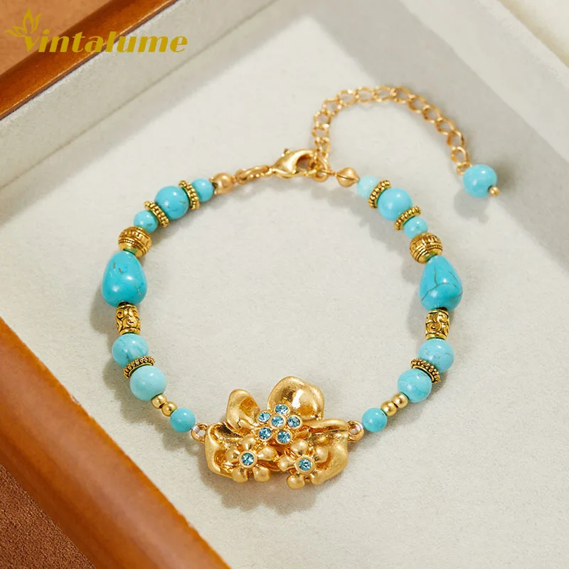 

Браслет Vintalume с бирюзовыми бусинами, медным золотым покрытием и цветочным шармом, цепочка-цепочка, женские модные украшения, винтажный изящный браслет, подарок