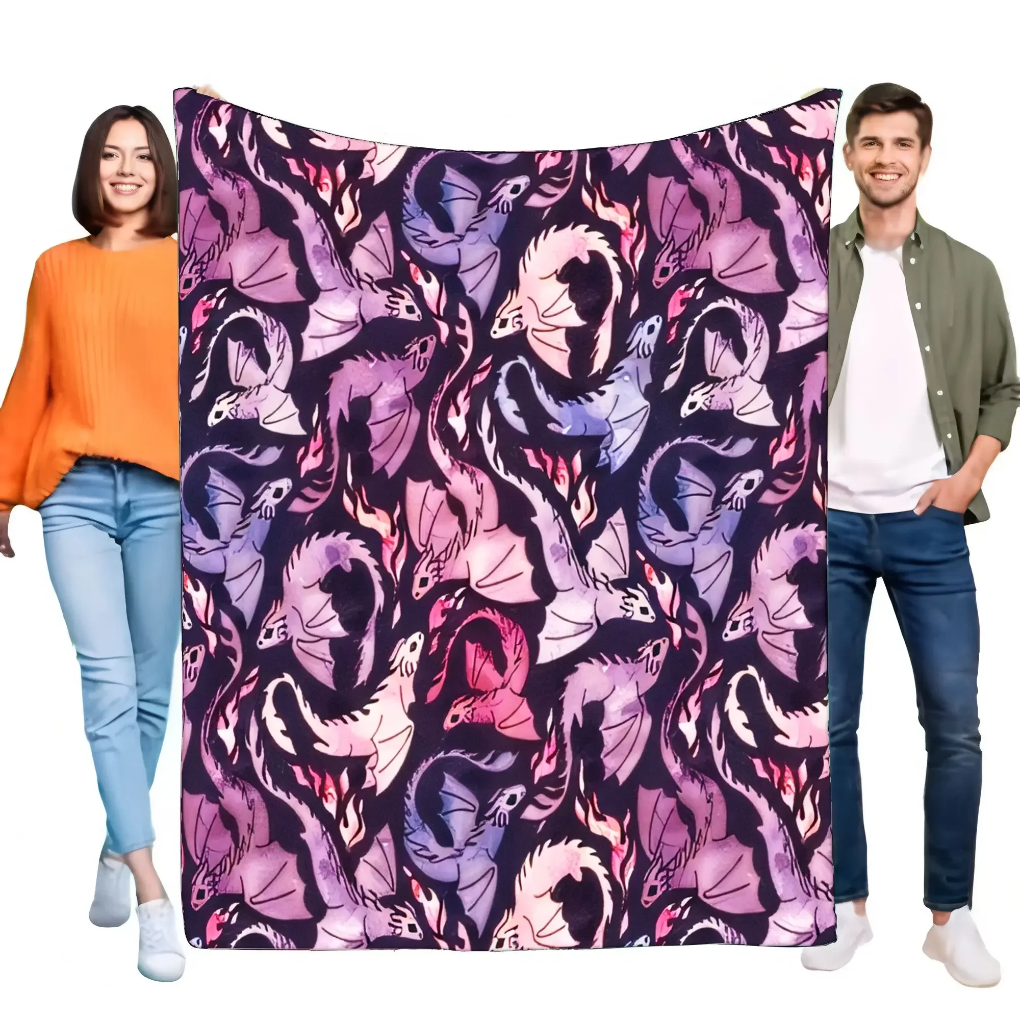 

Vibrant Purple Pink Blue Fire Dragon Throw Soft Flannel Fleece Blanket Cozy Mythical Home Decor Gift for Bed Sofa