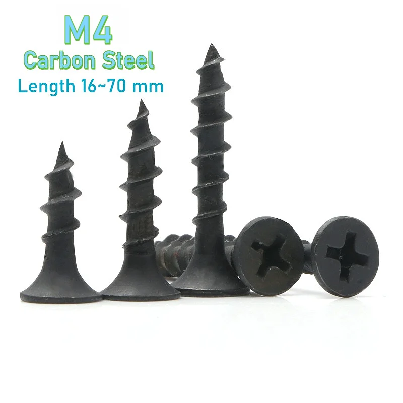 M4 Black Carbon Steel Phillips Countersunk Flat Head Rapid Self Tapping Screw Cross Woodworking Screw Length 16 to 70 mm