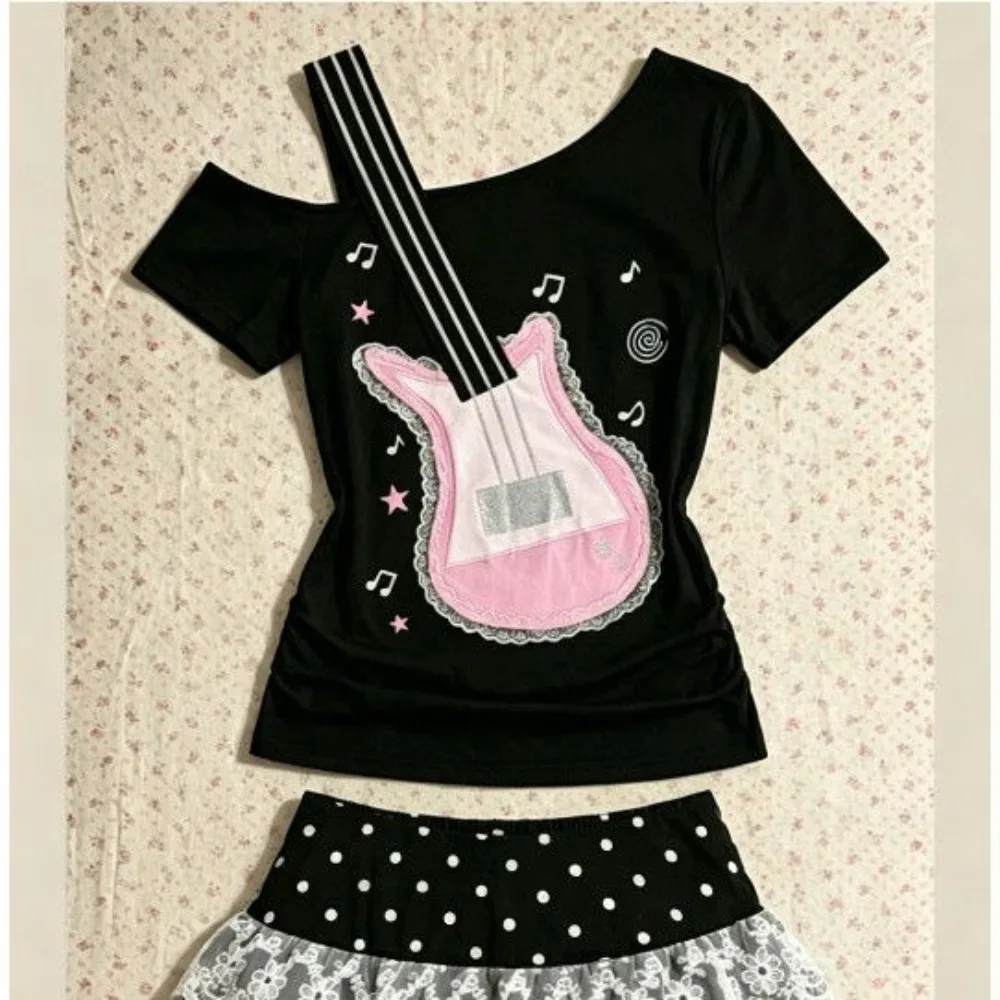 Retro Subculture Notes Off Shoulder Printed Short Sleeved Top for Summer Y2k Harajuku Grunge Guitar T-shirts Gothic Tee T Shirts