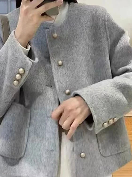 

2025 New Sle Small Fraance Wind Coat round Ne Single Button Woolen Women's Design Sensation ort Jaet for Small Figures