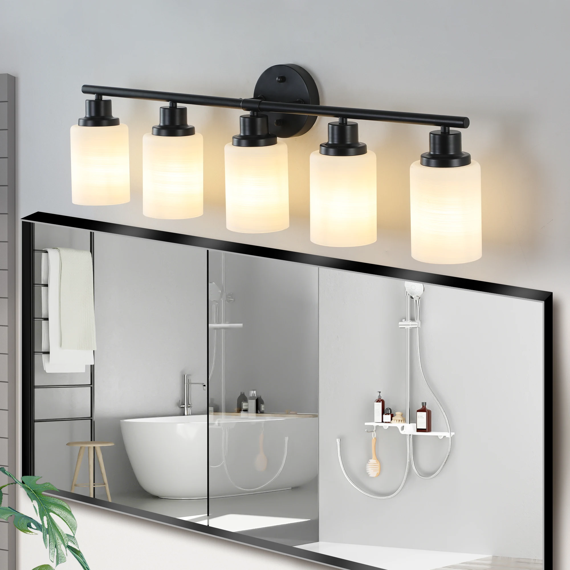 Modern 5-Light Vanity Bathroom Mirror Light, Frosted White Glass with Black Iron Frame(Bulb Not Included)