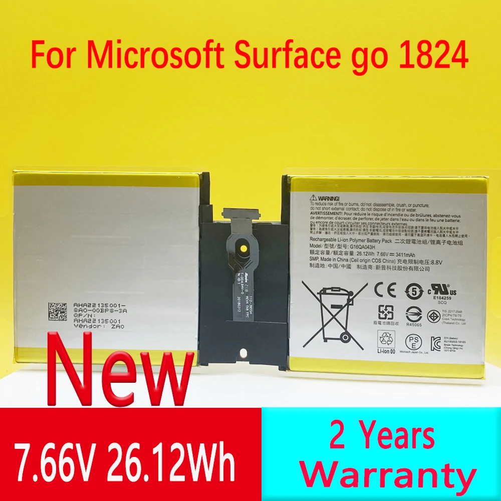 

G16QA043H Laptop Battery For Microsoft Surface Go 1824 4415Y Tablet PC Series 2ICP4/76/76 7.66V 26.12Wh 3411mAh High Quality