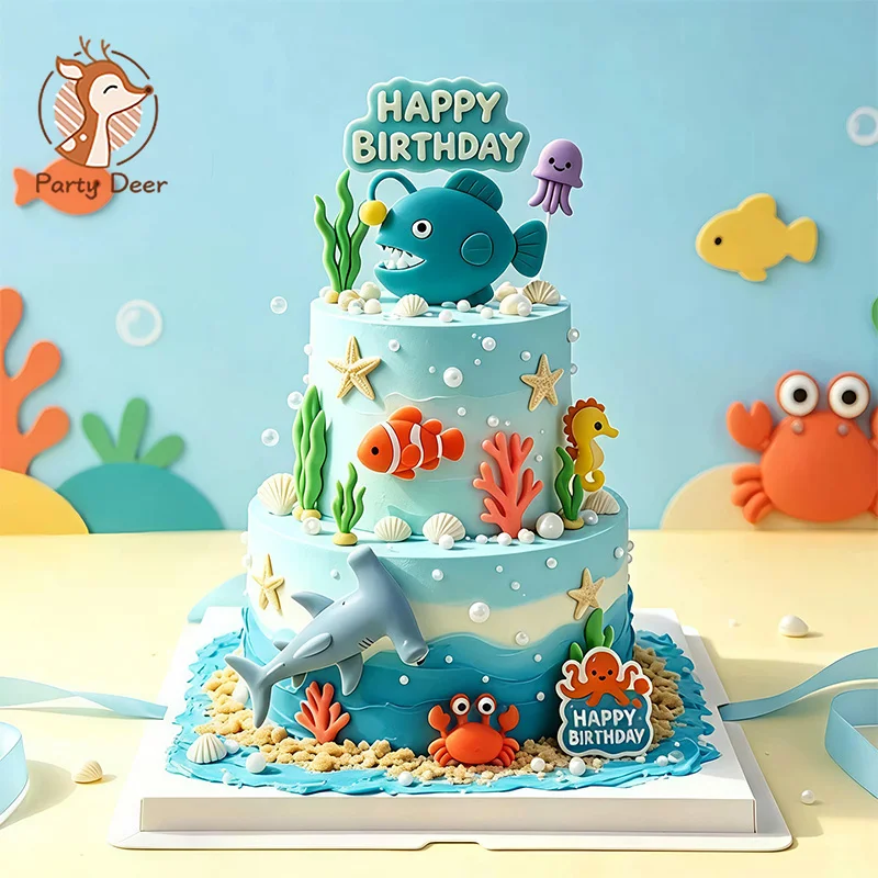 Decoraciones de Pastel con Forma de Tiburón, Caballito de Mar y Pez Linterna, Tema del Mar, para Baby Shower, Fiesta de Cumpleaños Infantil, Kit de Regalos