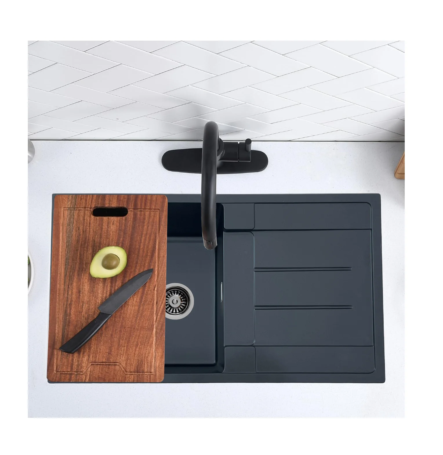 Wholesale Hot Style Topmount Granite Sink Single Bowl Quartz Composite Quartz Stone Kitchen Sink With Drainboard