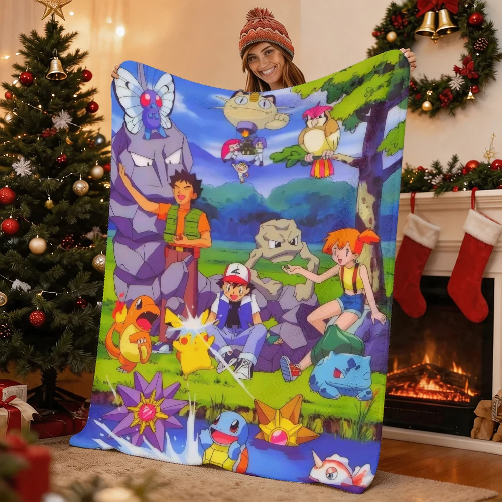 Pokemon Ash Pikachu Charmander Squirtle Bulbasaur Flannel Throw Blanket Soft Warm Cartoon Blanket for Sofa Bed Home Decor Kids G