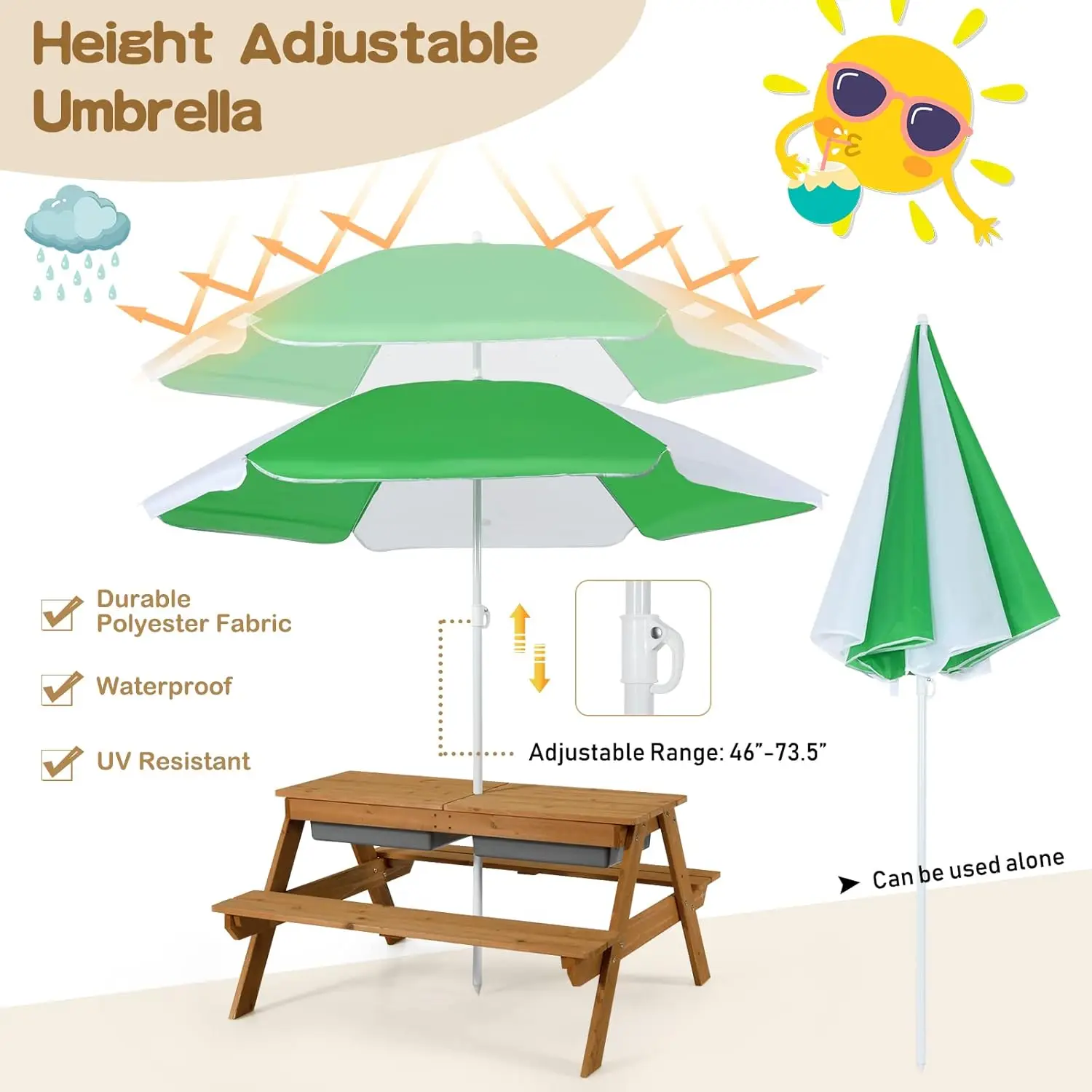 3 in 1 Sand & Water Table w/Height Adjustable Umbrella, Removable Tabletop, Children Outdoor Toy Playset w/2 Play Boxes