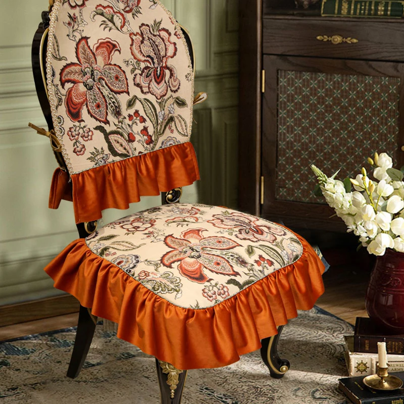 

European Pastoral Style Dining Chair Covers Luxury Brushed Fabric Chair Cushion Chair Back Winter Warmth Anti-slip Chair Cover