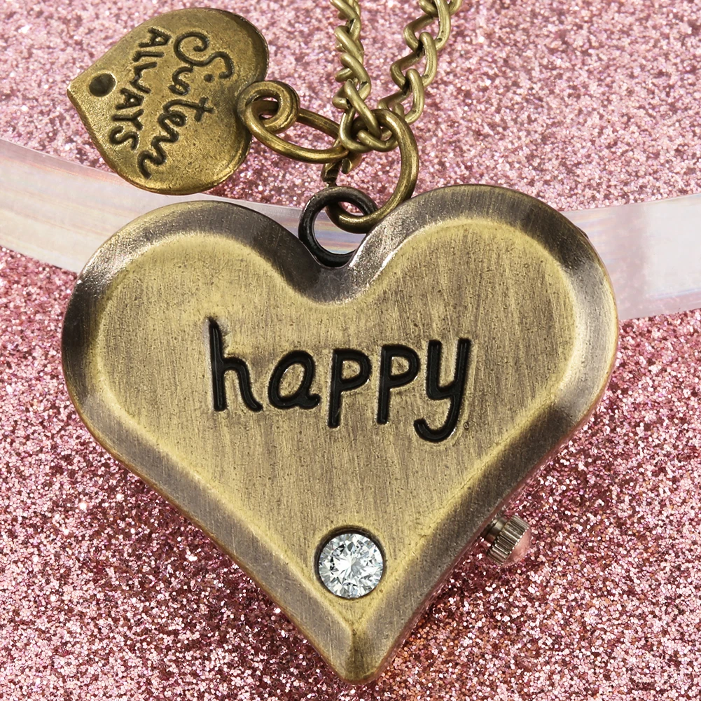 

Lovely Small Love Heart Bronze Happy Quartz Pocket Watch Chain Necklace Sweater Chain Clock Souvenir Gifts with Sweet Accessory