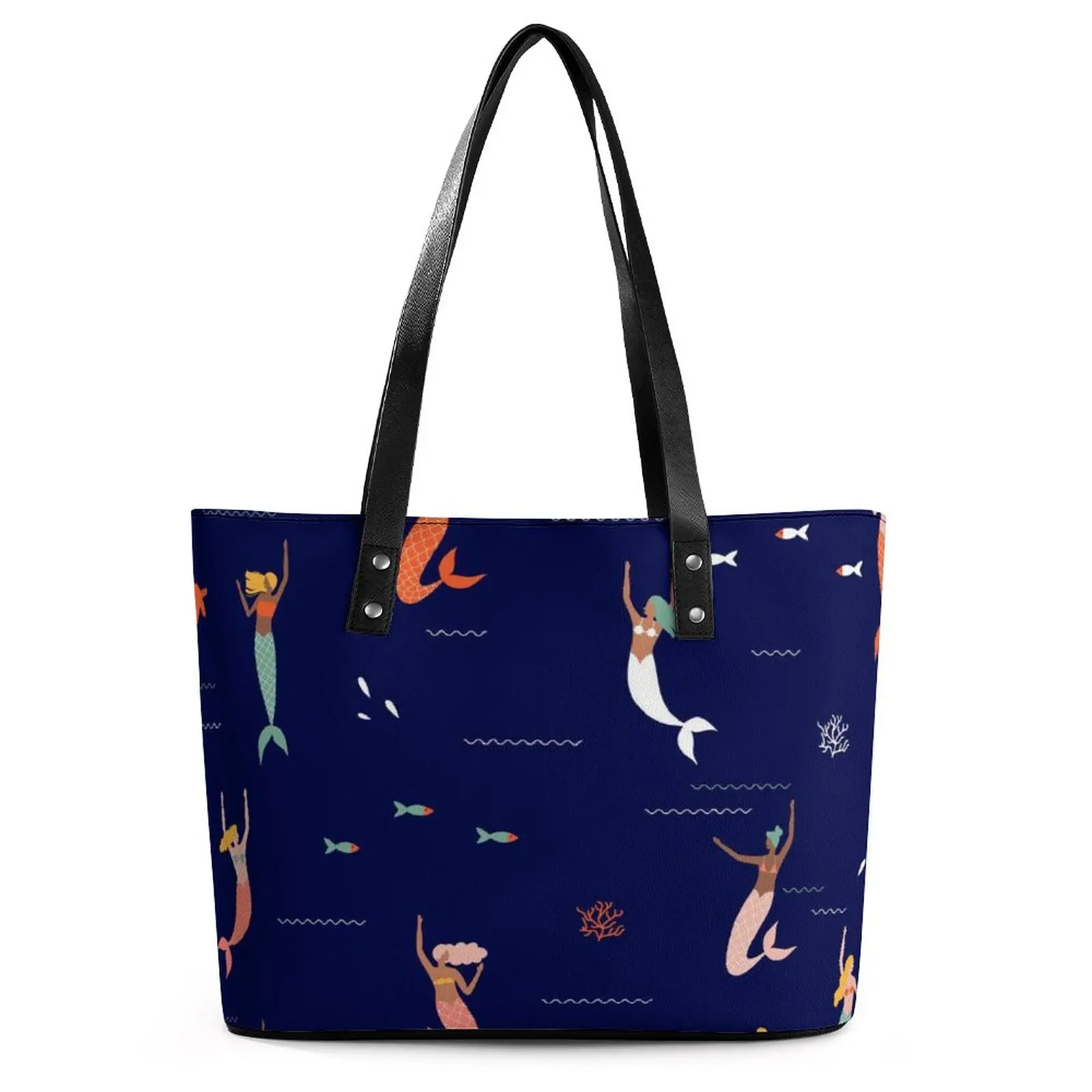 Cartoon Mermaid Handbags Mermaids Playing In The Sea Tote Bag Cool Outdoor Shoulder Bag Handle Designer PU Leather Shopper Bags