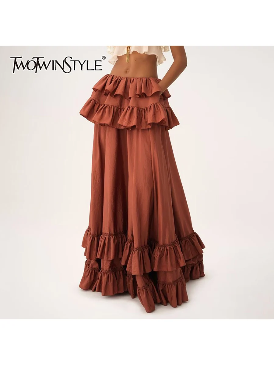 

TWOTWINSTYLE Solid Loose Spliced Ruffles Folds Casual Skirts for Women High Waist Patchwork Pockets Fashion Long Skirt Female