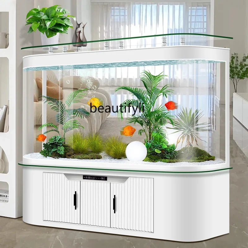 

lt Living room household transparent glass lazy water-free ecological floor against the wall large bottom filter fish tank