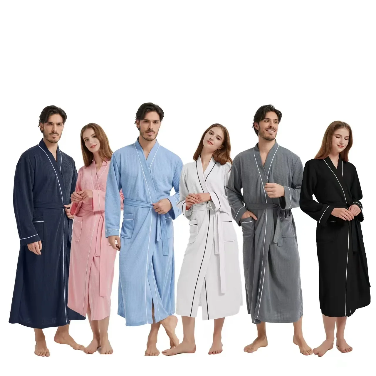 

Spring Autumn Couple Kimono Bathrobe Gown Sleepwear New Female Robe Long Waffle Nightgown Loose Casual Homewear Loungewear