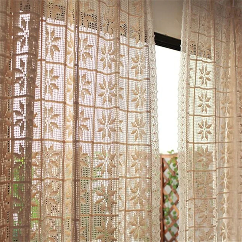 

Retro Beige Cotton Thread Crochet Lace Sheer Curtain For Living Room American Rustic Tulle Ready Made Bedroom Curtains Drapes