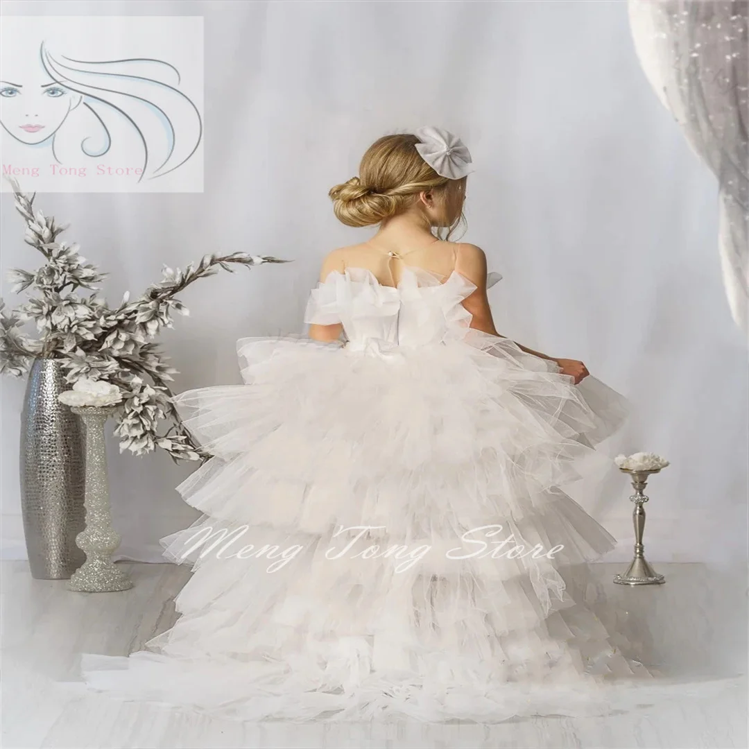 Layered Princess Flower Girl Dresses For Wedding Ivory Tiered Puffy Tulle Bow with Detachable Train Kids First Communion Gowns