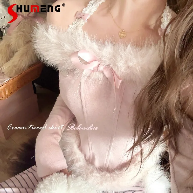 

2024 Autumn And Winter French Style Romantic Sweet Long-sleeved Knitwear Plush Shoulder-pulled Slash Neck Knitted Sweater Women