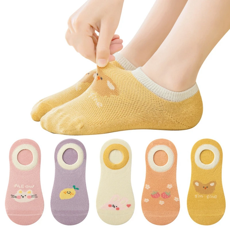 

5 Pcs/Set Kids Girls Thin Socks Cute Cartoon Print Mesh No-show Socks Children Summer Non-slip Soft Comfortable Stockings 3-12Y