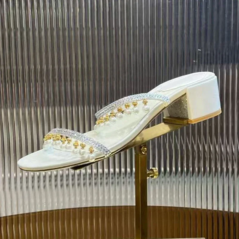 Slippers Summer Sparkling Pearl Pendant Chunky High Heels Women Real Leather Narrow Band Lazy Sandals Women Party Dress Shoes view 6