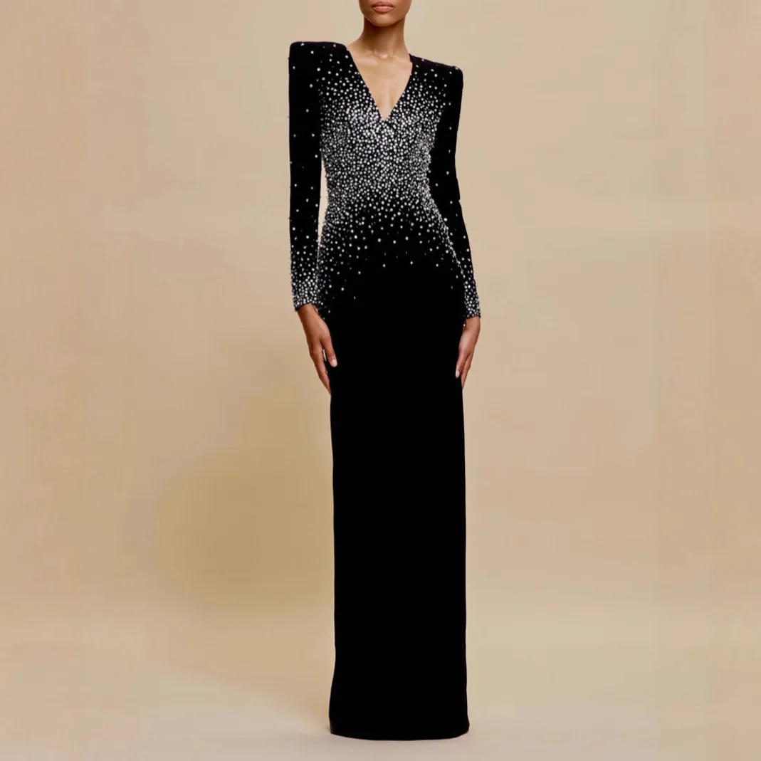 

High Quality Black Long Sleeve V Neck Beads Maxi Dress Sexy Black Diamonds Bodycon Runway Celebrity Evening Club Party Dresses