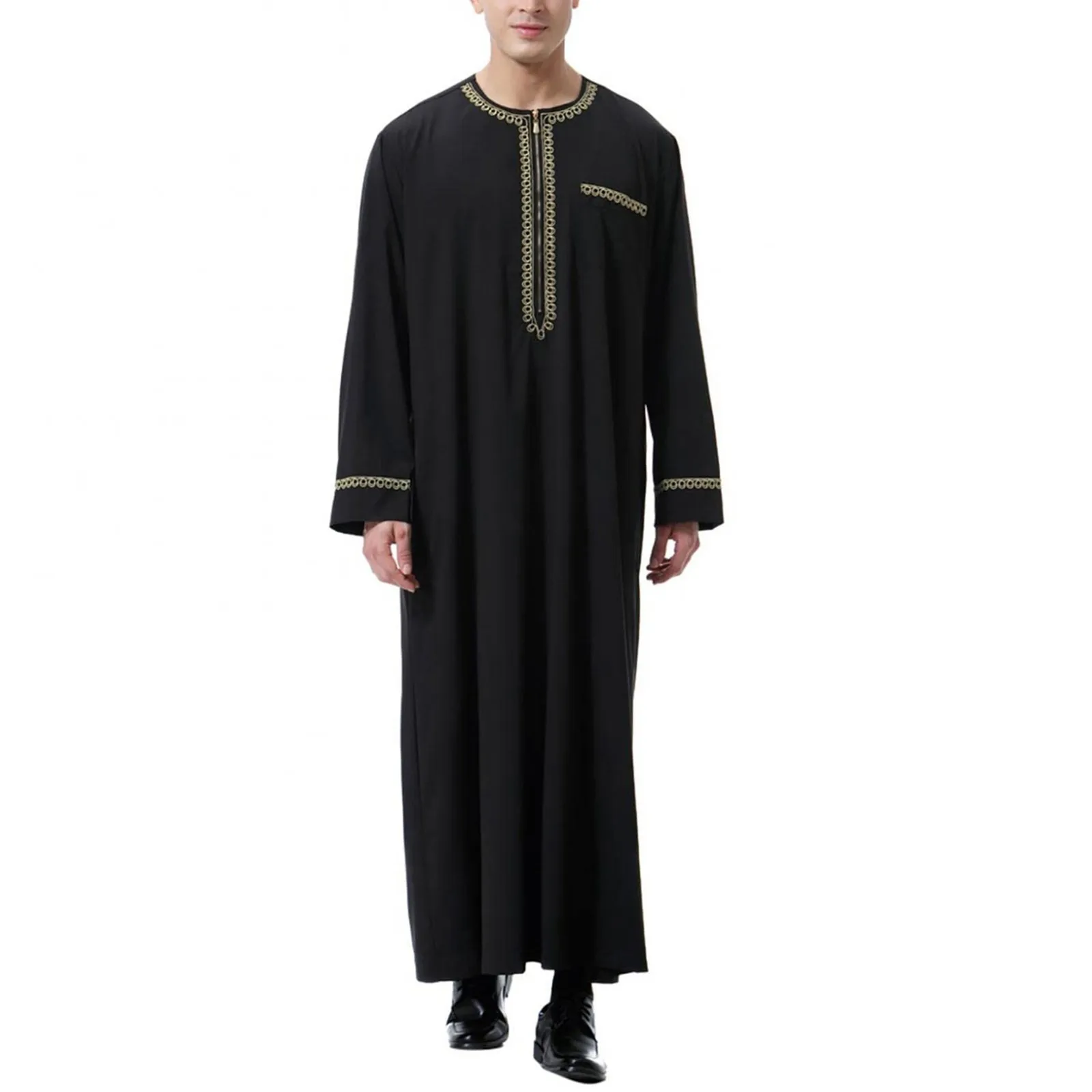 Heren Moslim Shirt Eenvoudig Bedrukt Patchwork Kaftan Islamitische Royalty Dubai Robe O-hals Lange Mouw Retro Losse Jubba Thobe