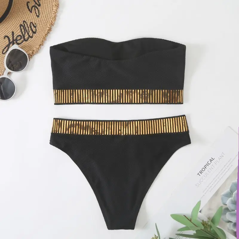 Sexy Bandeau High Waist Bikini 2025 Women Triangle Swimsuit Stitch Detail Swimwear Padded Bathing Suit Female Solid Beachwear