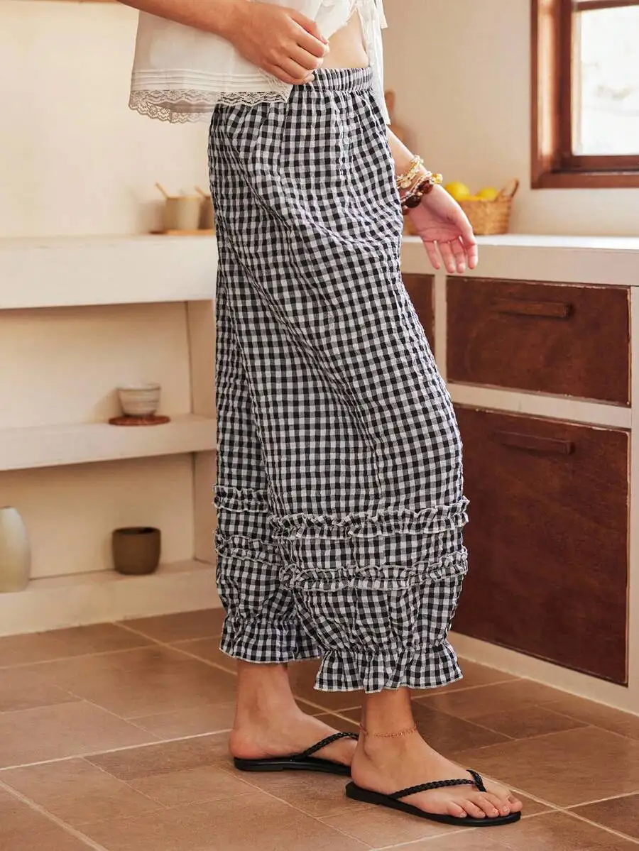 

Bohemian Style Gingham Cotton Loose Lantern 3/4 Pajama Pants For Women