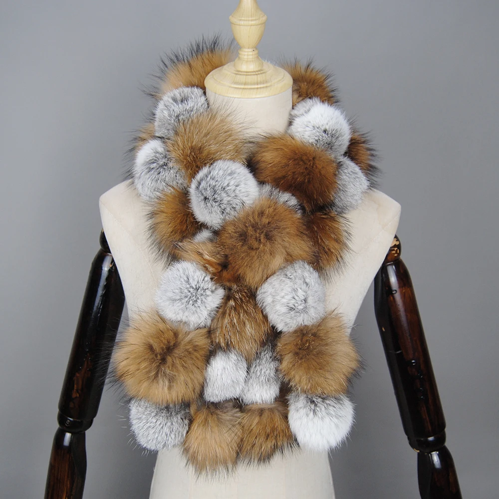 Marca de luxo Mulheres Inverno Natural Real Raccoon Fur Scarf Moda Senhora Quente Genuine Fox Fur Lenço Real Fox Fur Anel Lenços