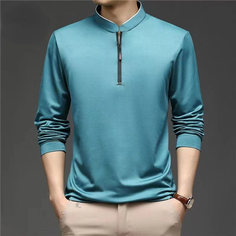 Fashion Men Solid Half-zip T-shirt Spring Autumn New Business Male Clothes Streetwear Casual Loose Stand Neck Long Sleeve Tops