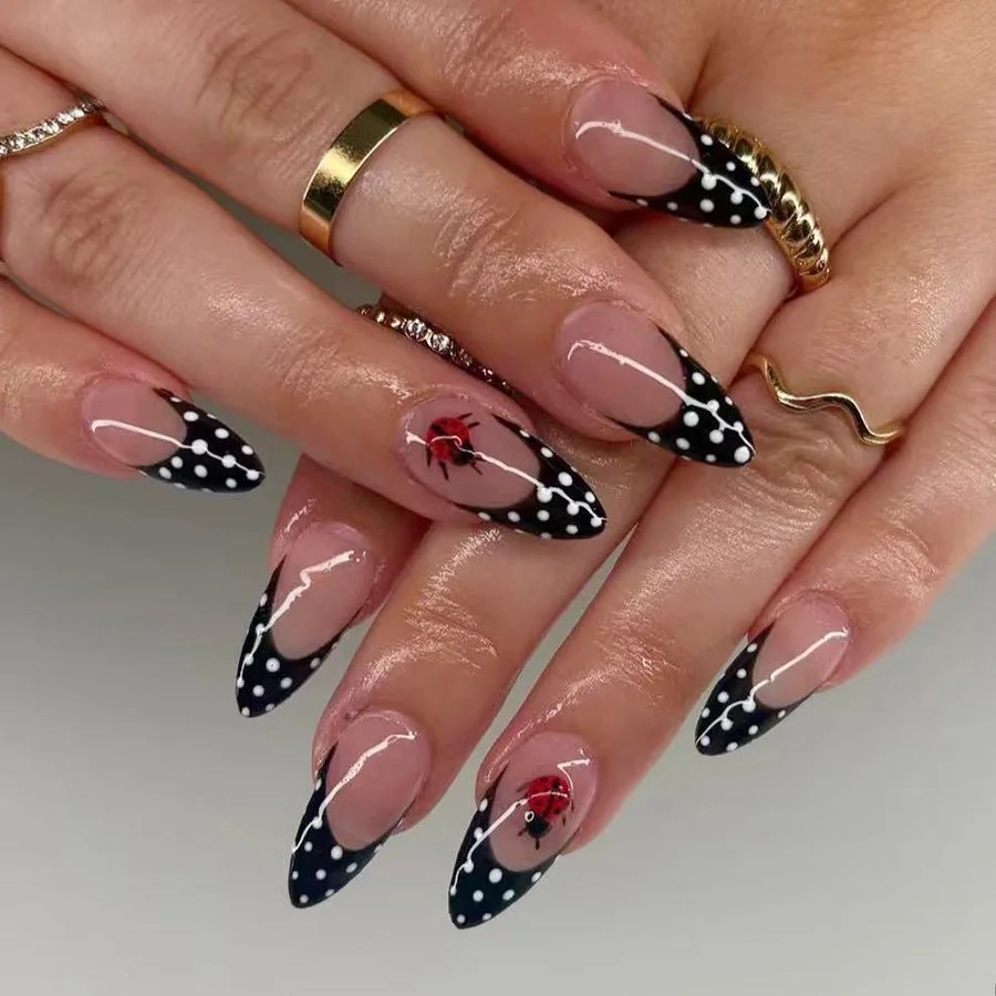 24pcs Simple Polka Dot French Fake Nails Press on Tips Short Oval False Nails Sets Nude Pink Manicure Finished Woman Detachable