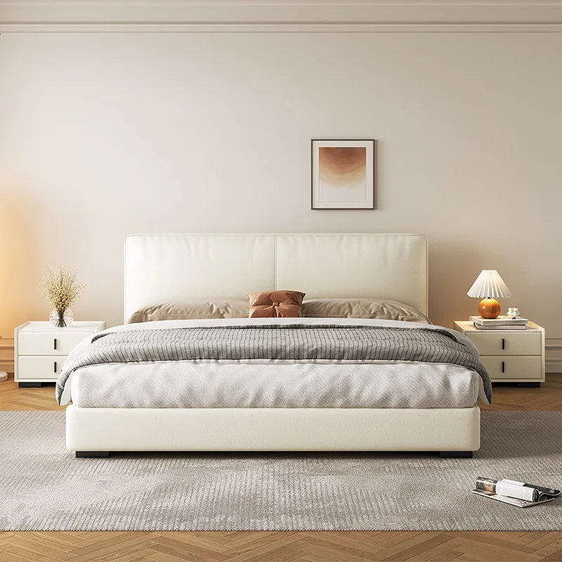 

European light luxury small apartment double master bedroom storage thin bedside storage leather bed