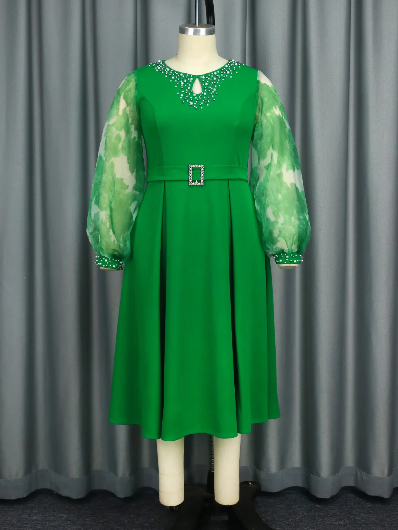 Vestido verde elegante linha a para mulheres, gola redonda, miçangas, estampado, manga longa bufante, cintura alta, formal, evento de igreja, plus size 4xl