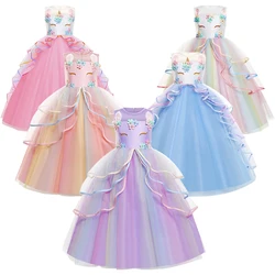 Unicom Dress for Girls Unicorn Luxary Party Gown Rainbow Long Gauze Dress Kids Princess Birthday Party Gift