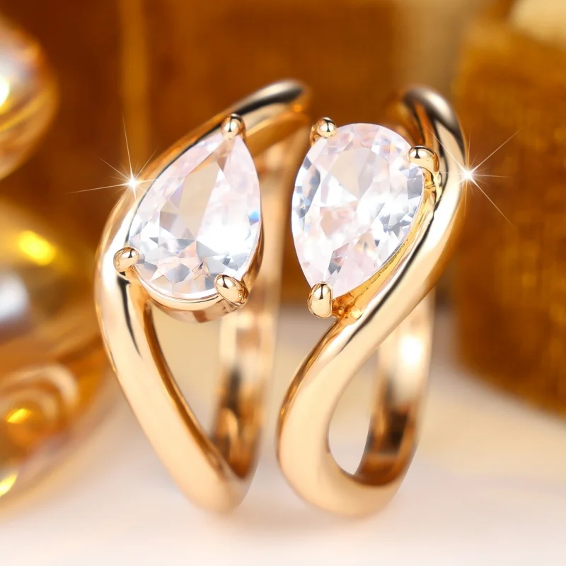 2026 New European and American Double Water Drop Zircon Ring Twisted Arm Cross Two Piece Set Elegant Banquet Accessories