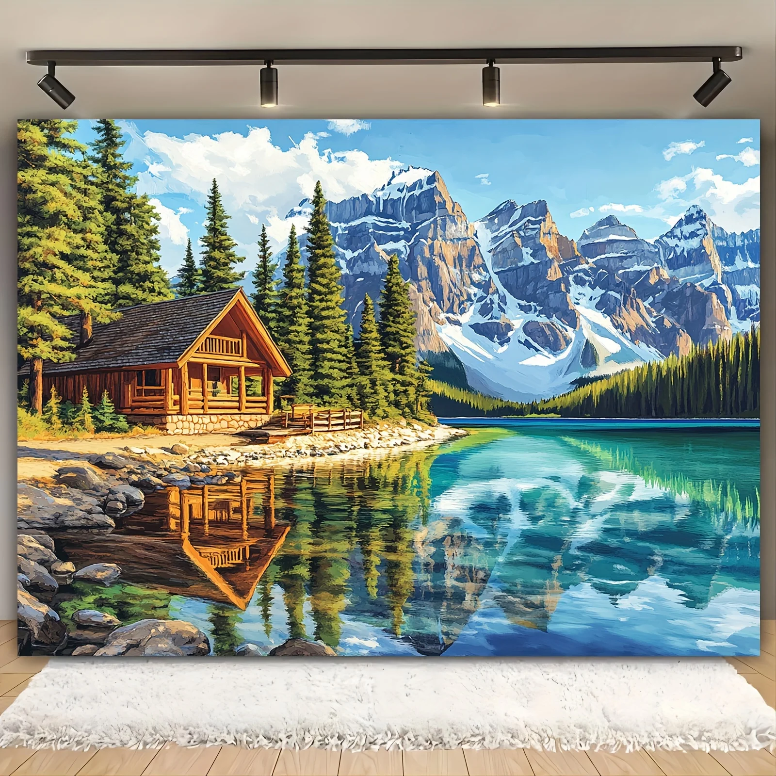 Image of Ein natürlicher und angenehmer Polyester-Hintergrund mit malerischen Bergen, Seen und einem kleinen Haus für Fotografiezwecke.