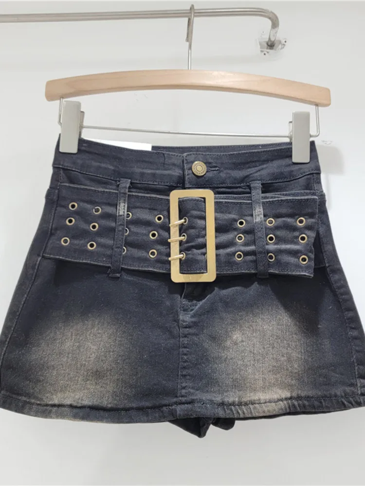 Vintage Y2k Cool Girl High Waist A-line Wrap Hips Belt Short Denim Skirt For Women's Bottom 2024 Spring Summer X838