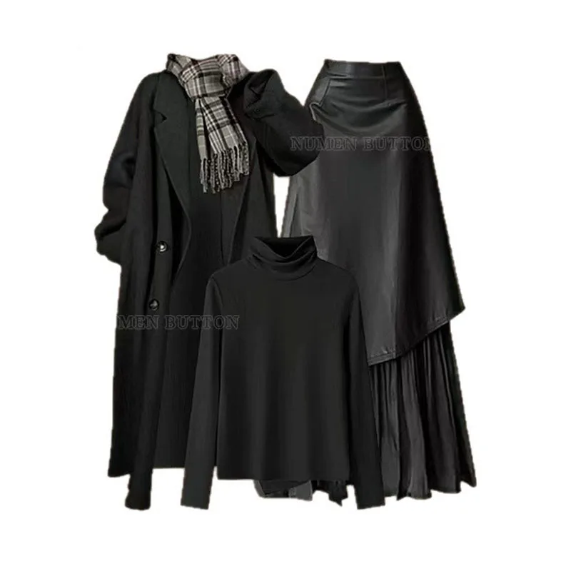 Autumn and Winter High-end Set, Women's Age Reducing Jacket, Base Coat, Slimming Leather Jacket, Half Skirt, Three Piece Set