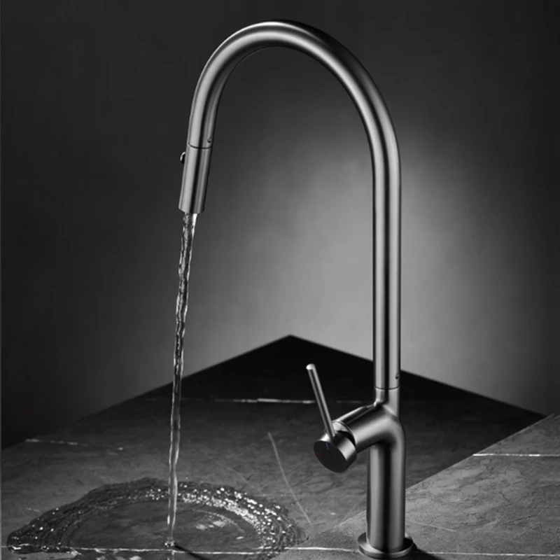 Pull  Down Kitchen Faucets Single Hole Two Modes Kitchen Sink Faucets Deck Mounted Single Handle Hot Cold Mixer Tap Gray