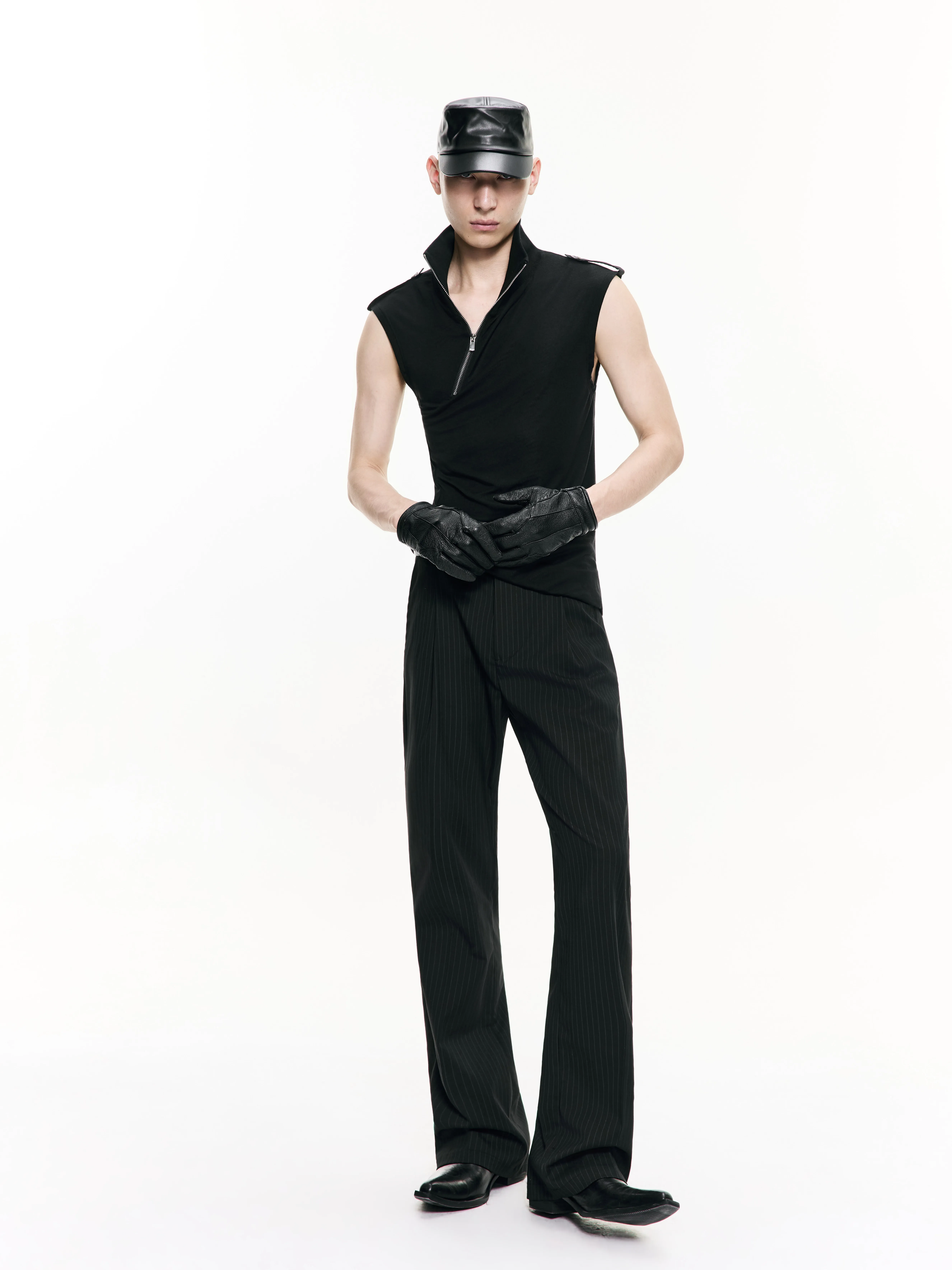 High Street Men's Tank Top with Diagonal Zipper Stand Up Collar Sleeveless Black Elastic Knitted Streetwear Fashion Tank Top