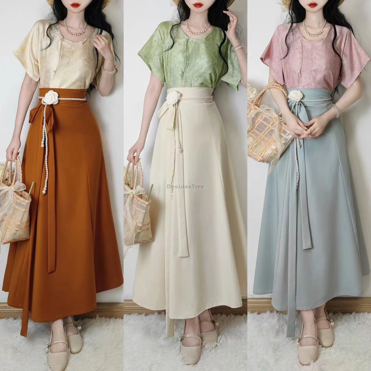 

2024, весна-лето, женская новая китайская традиционная блузка в стиле династии Тан с круглым воротником, длинная полуюбка, повседневный современный комплект ханьфу