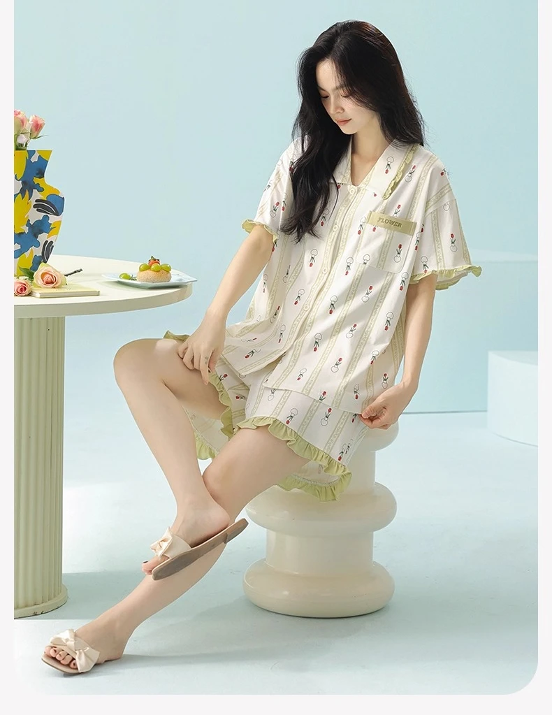 M-5XL Women's Summer Cotton Sweet Flower Print Short Sleeve Turn-down Collar Pajamas 2025 Ruffles Shorts Cute Loungewear Set
