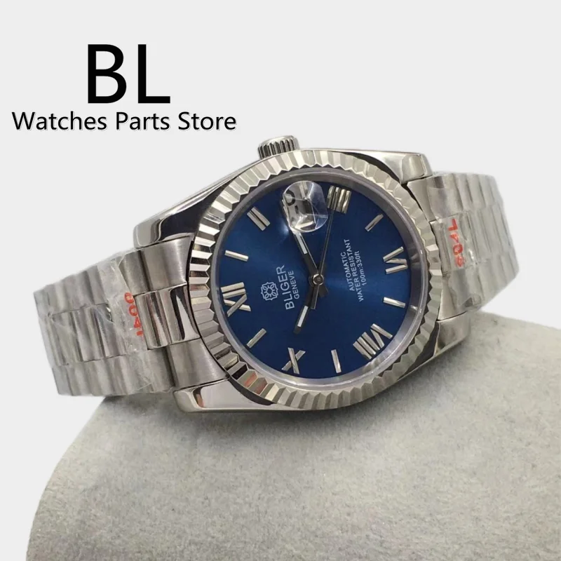BLIGER-Montre automatique pour homme, placage NH35, mouvement zhu ata yota PT5000, lunette cannelée, saphir, verre, cadran bleu, Oyster Jubys, 36mm,