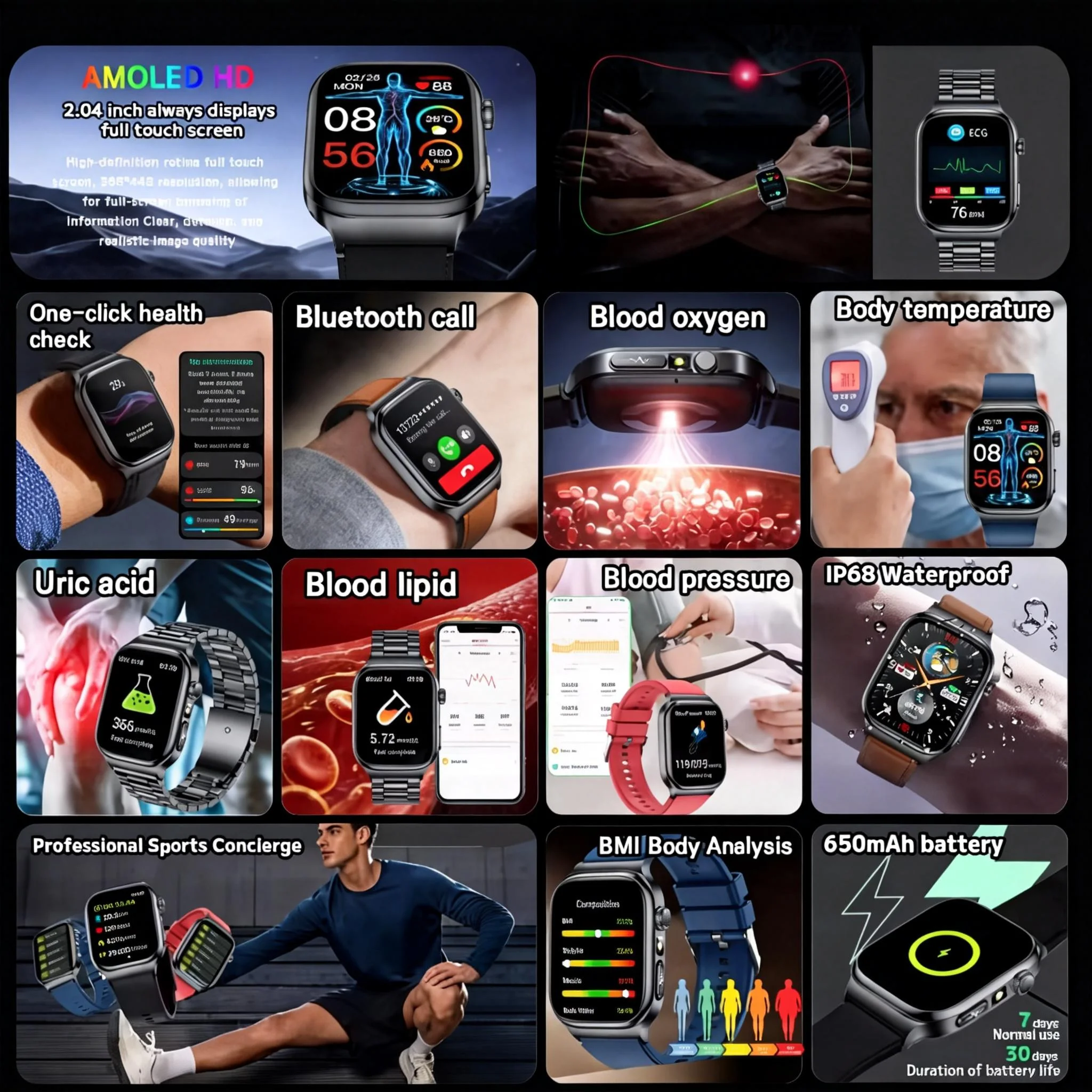 2026 New AI Diagosis ECG Health Smart Watch Men Accurate Measurement Blood Pressure Lipid Uric Acid Body Fat Smart watch For Men
